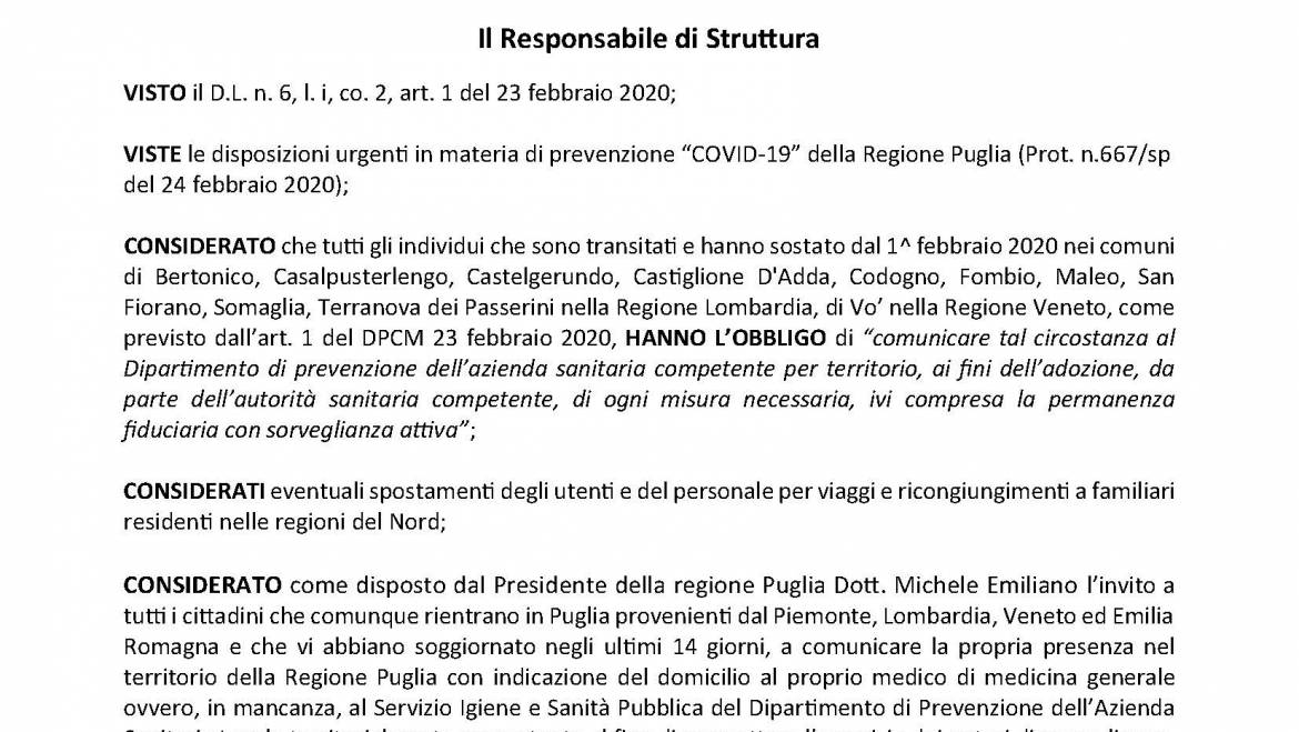 Disposizioni urgenti in materia di prevenzione “COVID-19”