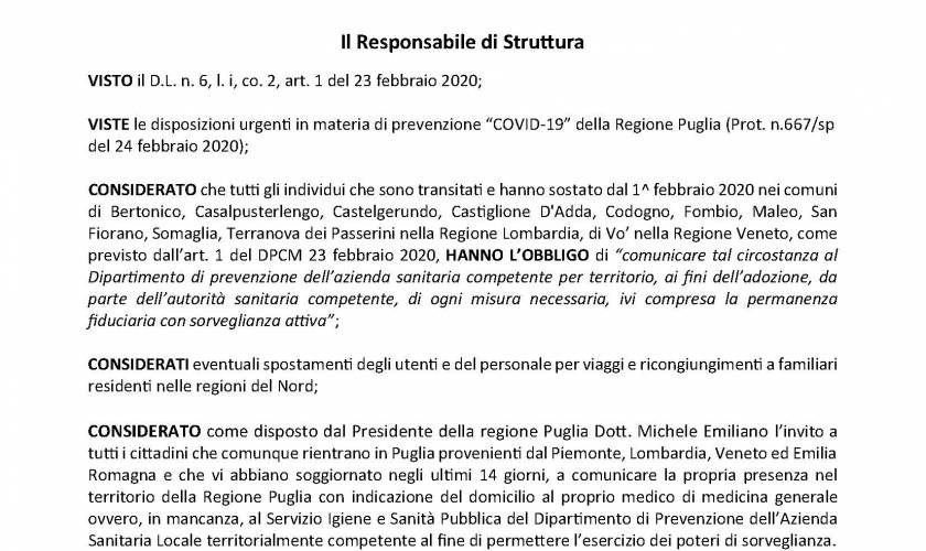 Disposizioni urgenti in materia di prevenzione “COVID-19”